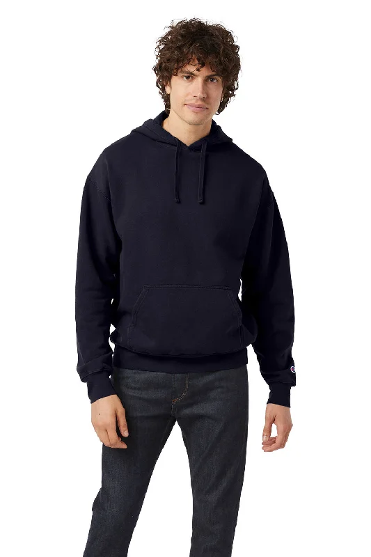 winter-ready sweatshirts for men -Champion Mens Garment Dyed Shrink Resistant Hooded Sweatshirt Hoodie w/ Pouch Pocket - Navy Blue