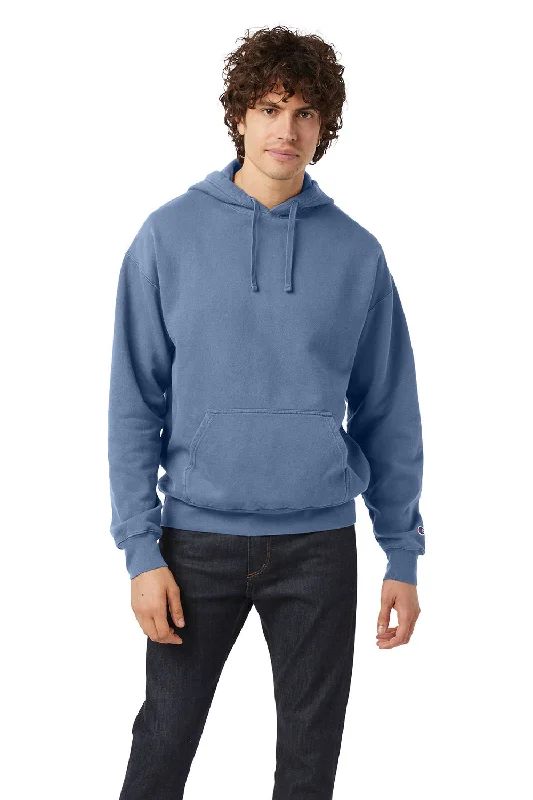 men's hoodies for layering -Champion Mens Garment Dyed Shrink Resistant Hooded Sweatshirt Hoodie w/ Pouch Pocket - Saltwater Blue