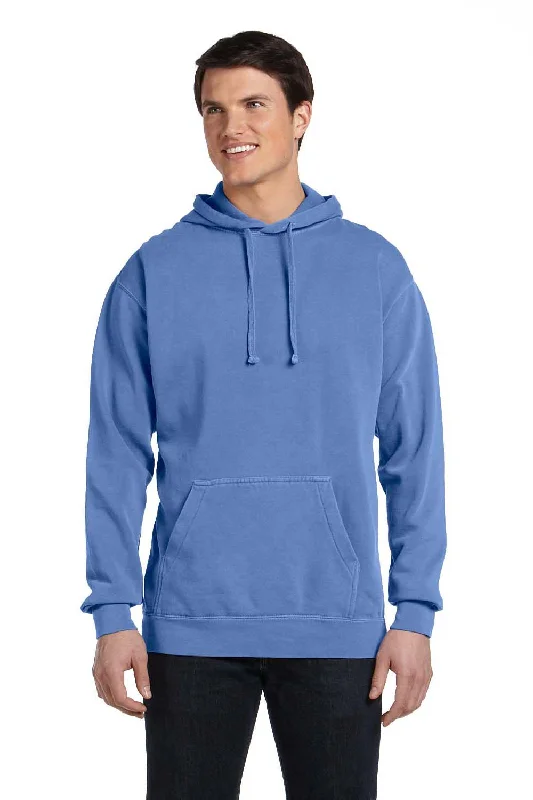 graphic sweatshirts for men -Comfort Colors Mens Hooded Sweatshirt Hoodie w/ Pouch Pocket - Flo Blue