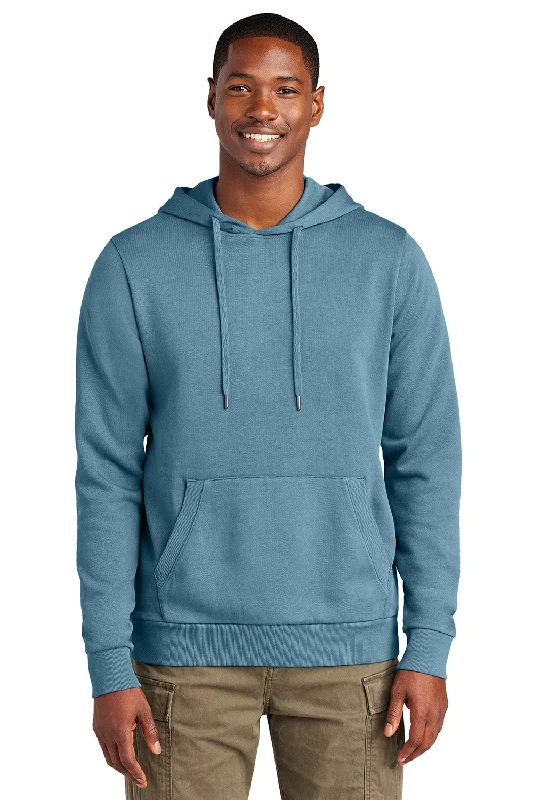 men's fleece-lined sweatshirts -District Mens District Wash Fleece Hooded Sweatshirt Hoodie w/ Pouch Pocket - Dusk Blue - New