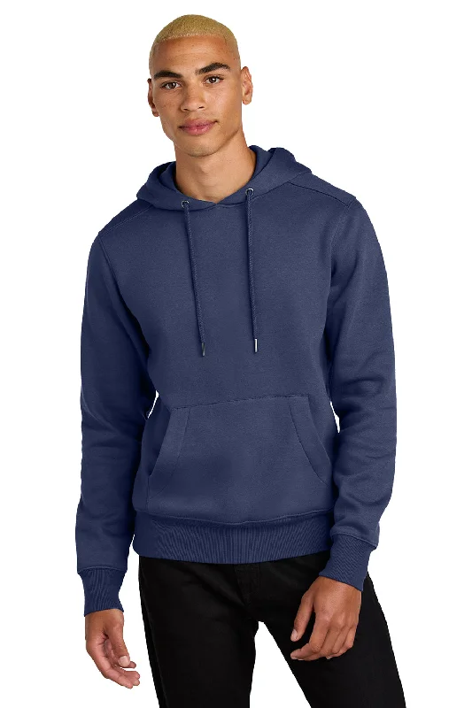 men's sweatshirts for running -District Mens Perfect Weight Fleece Hooded Sweatshirt Hoodie w/ Pouch Pocket - Tanzanite Blue