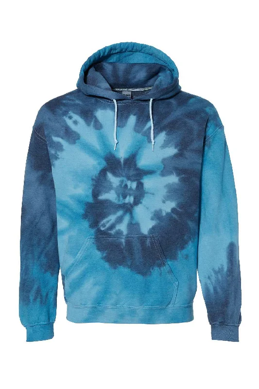 men's winter sweatshirts -Dyenomite Mens Blended Tie Dyed Hooded Sweatshirt Hoodie w/ Pouch Pocket - Blue Tide