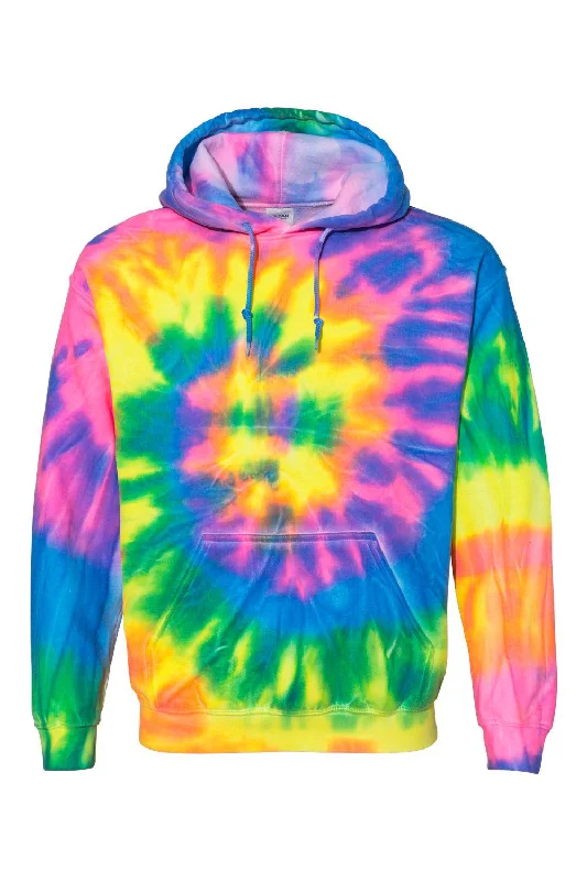 hoodie sweatshirts for men -Dyenomite Mens Blended Tie Dyed Hooded Sweatshirt Hoodie w/ Pouch Pocket - Flo Rainbow