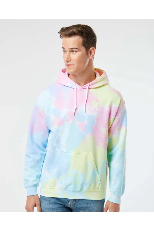 men's oversized sweatshirts -Dyenomite Mens Blended Tie Dyed Hooded Sweatshirt Hoodie w/ Pouch Pocket - Pastel Rainbow