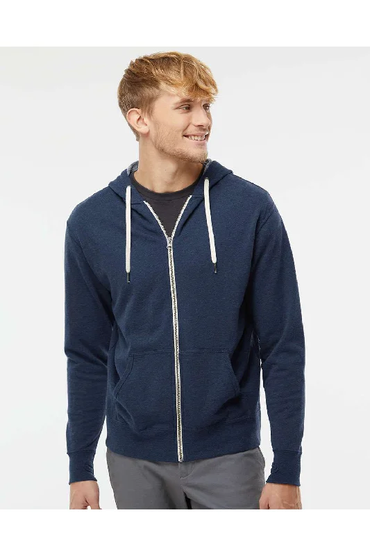 comfortable workout hoodies -Independent Trading Co. Mens French Terry Full Zip Hooded Sweatshirt Hoodie w/ Pockets - Heather Navy Blue