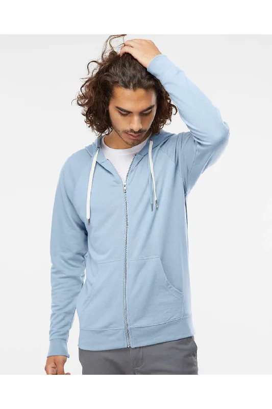 seasonal hoodies for men -Independent Trading Co. Mens Icon Loopback Terry Full Zip Hooded Sweatshirt Hoodie w/ Pockets - Misty Blue