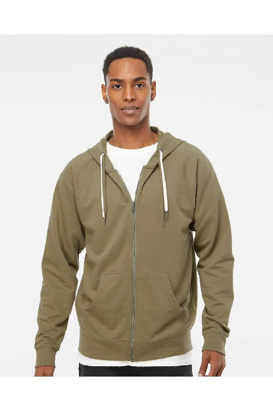 men's urban hoodies -Independent Trading Co. Mens Icon Loopback Terry Full Zip Hooded Sweatshirt Hoodie w/ Pockets - Olive Green