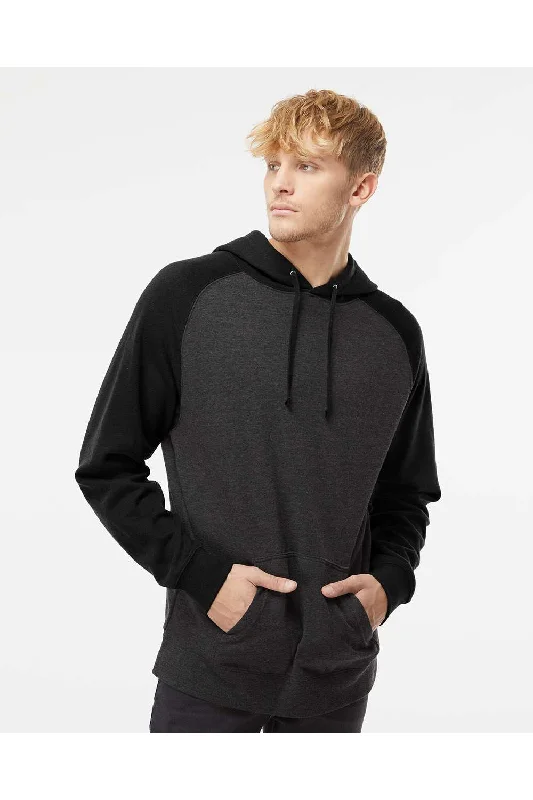 men's long sleeve hoodies -Independent Trading Co. Mens Raglan Hooded Sweatshirt Hoodie w/ Pouch Pockets - Heather Charcoal Grey/Black