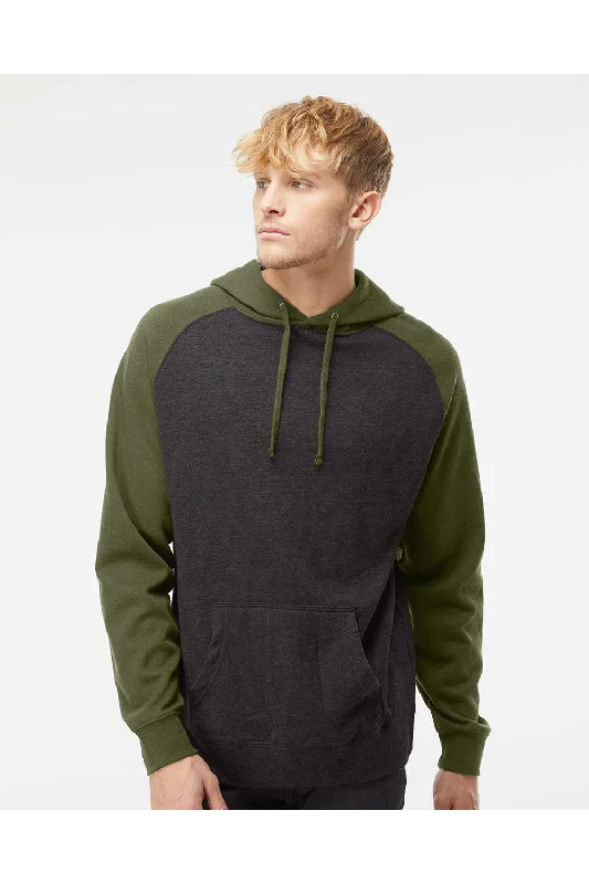 light hoodies for men -Independent Trading Co. Mens Raglan Hooded Sweatshirt Hoodie w/ Pouch Pockets - Heather Charcoal Grey/Heather Army Green