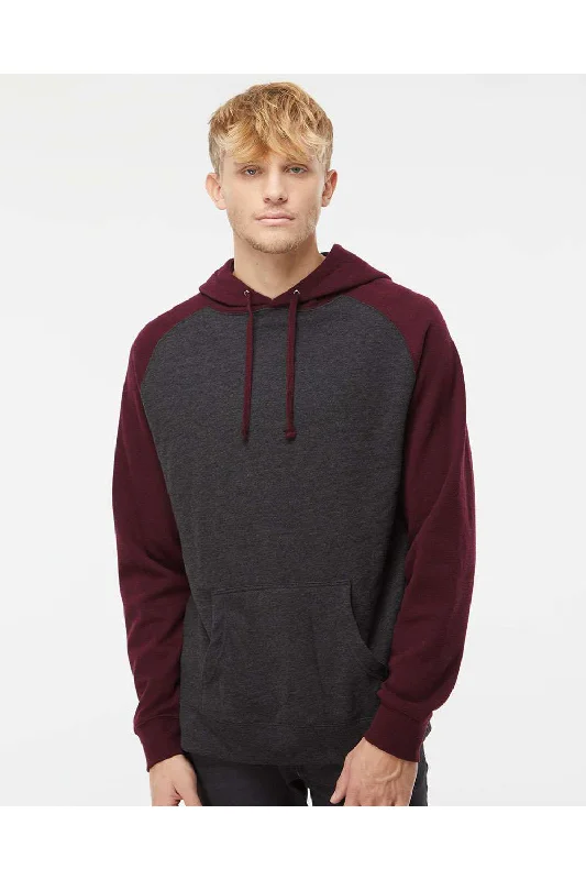 winter-ready sweatshirts for men -Independent Trading Co. Mens Raglan Hooded Sweatshirt Hoodie w/ Pouch Pockets - Heather Charcoal Grey/Heather Burgundy