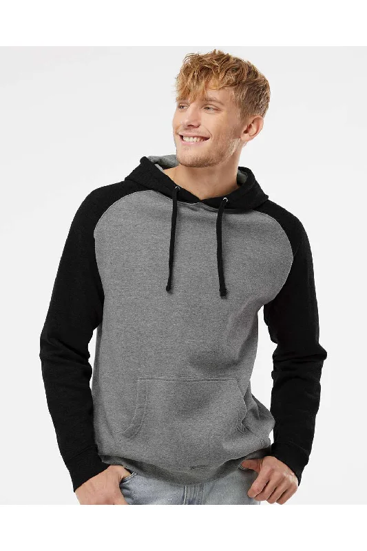 men's hoodies for layering -Independent Trading Co. Mens Raglan Hooded Sweatshirt Hoodie w/ Pouch Pockets - Heather Gunmetal Grey/Black