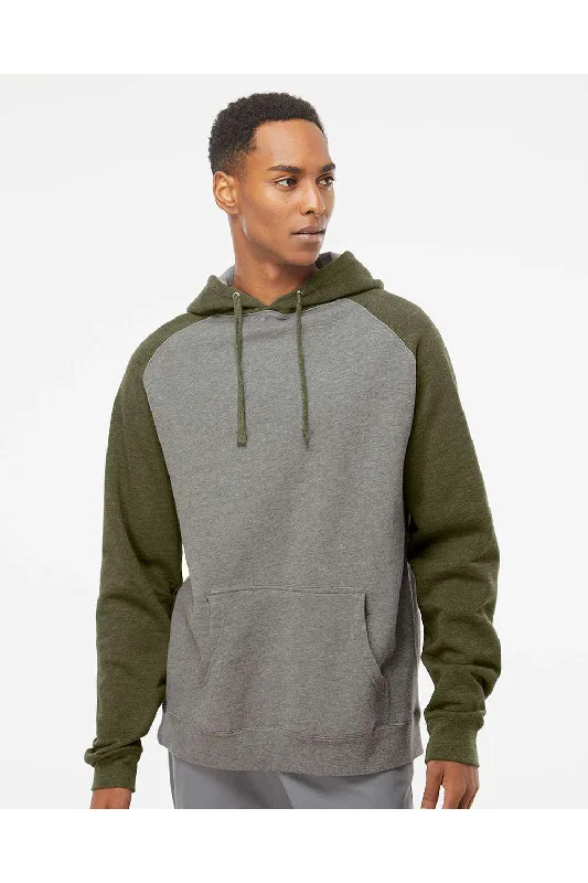 modern hoodies for men -Independent Trading Co. Mens Raglan Hooded Sweatshirt Hoodie w/ Pouch Pockets - Heather Gunmetal Grey/Heather Army Green