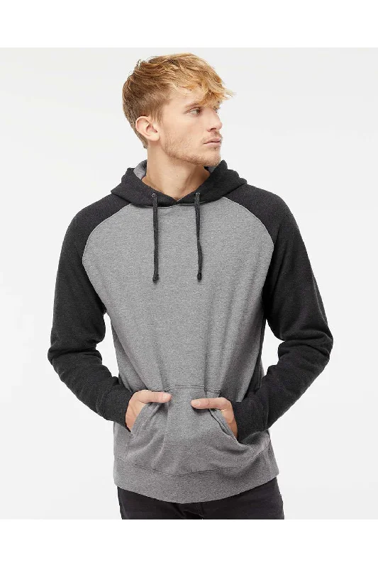 graphic sweatshirts for men -Independent Trading Co. Mens Raglan Hooded Sweatshirt Hoodie w/ Pouch Pockets - Heather Gunmetal Grey/Heather Charcoal Grey