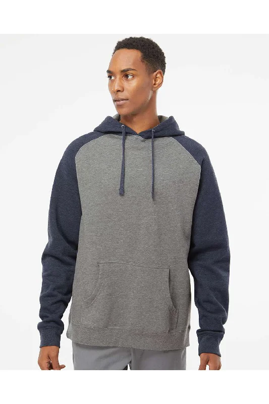 men's soft sweatshirts -Independent Trading Co. Mens Raglan Hooded Sweatshirt Hoodie w/ Pouch Pockets - Heather Gunmetal Grey/Heather Classic Navy Blue