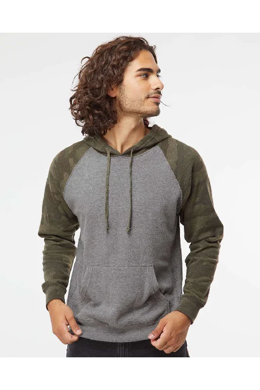 men's oversized sweatshirts -Independent Trading Co. Mens Special Blend Raglan Hooded Sweatshirt Hoodie w/ Pouch Pocket - Heather Nickel Grey/Forest Green Camo