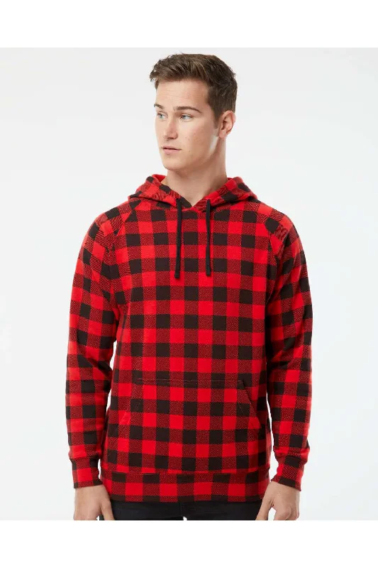 men's hoodies for gym -Independent Trading Co. Mens Special Blend Raglan Hooded Sweatshirt Hoodie w/ Pouch Pocket - Red Buffalo Plaid