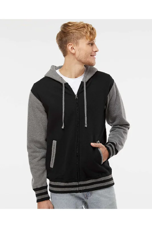 trendy pullover hoodies for men -Independent Trading Co. Mens Varsity Full Zip Hooded Sweatshirt Hoodie w/ Pockets - Black/Heather Gunmetal Grey