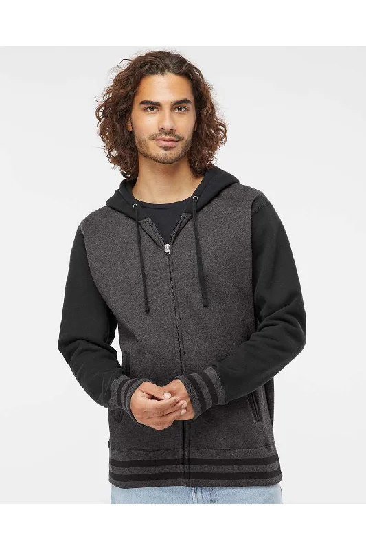 men's zippered sweatshirts -Independent Trading Co. Mens Varsity Full Zip Hooded Sweatshirt Hoodie w/ Pockets - Heather Charcoal Grey/Black