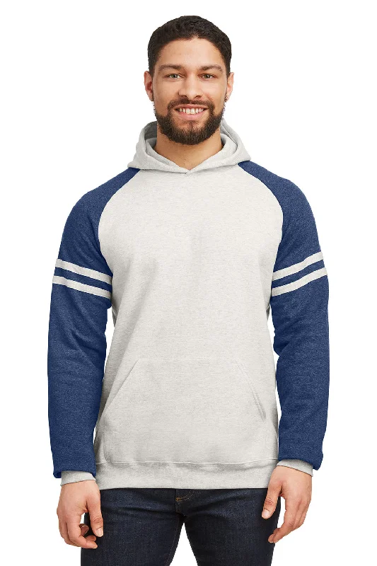 pullover hoodies for men -Jerzees Mens NuBlend Fleece Varsity Colorblock Hooded Sweatshirt Hoodie w/ Pouch Pocket - Heather Oatmeal/Indigo Blue