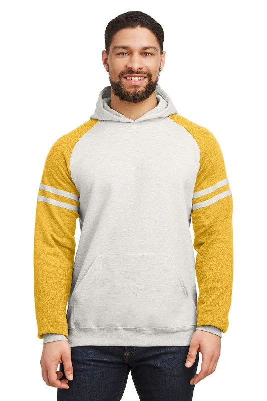 zip-up hoodies for men -Jerzees Mens NuBlend Fleece Varsity Colorblock Hooded Sweatshirt Hoodie w/ Pouch Pocket - Heather Oatmeal/Mustard Yellow