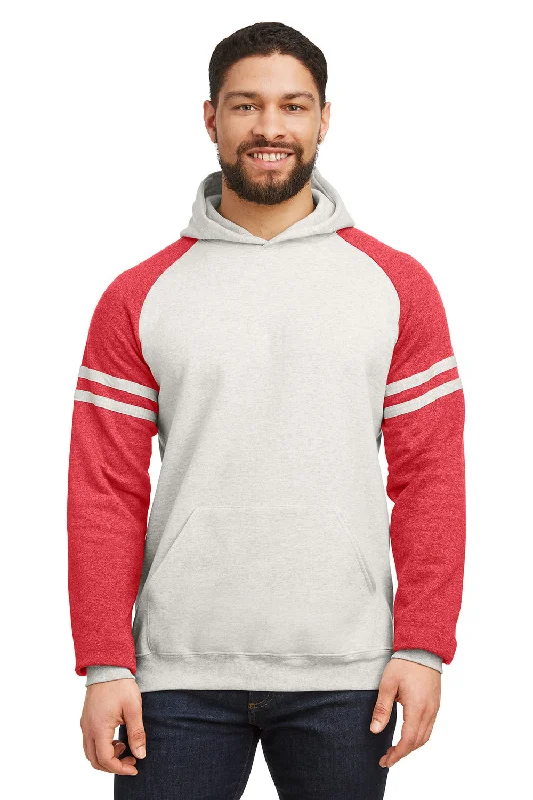 comfortable hoodies for men -Jerzees Mens NuBlend Fleece Varsity Colorblock Hooded Sweatshirt Hoodie w/ Pouch Pocket - Heather Oatmeal/Red