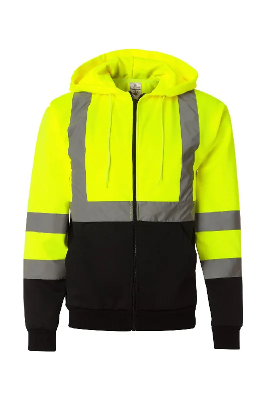 men's pull-over sweatshirts -Kishigo Mens Hi-Vis Full Zip Hooded Sweatshirt Hoodie w/ Pockets - Lime Green