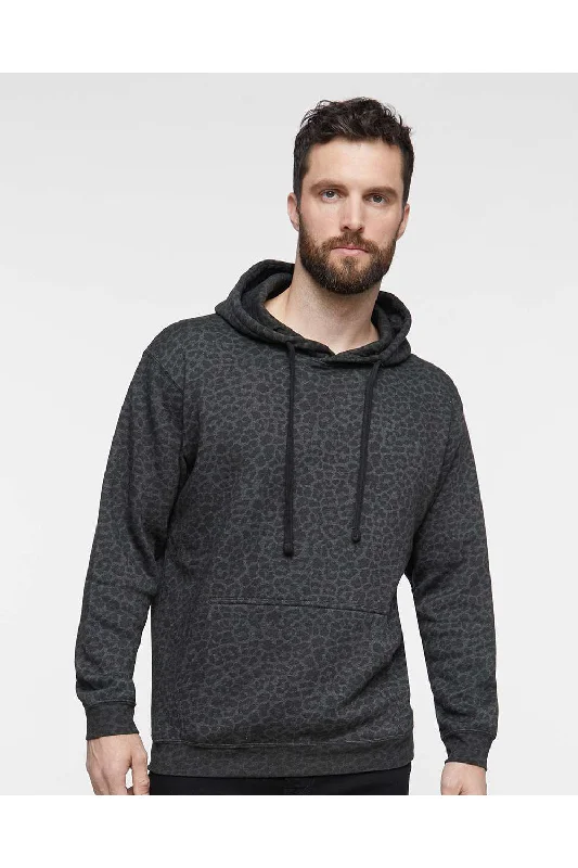 athletic sweatshirts for men -LAT Mens Elevated Fleece Basic Hooded Sweatshirt Hoodie w/ Pouch Pocket - Black Leopard