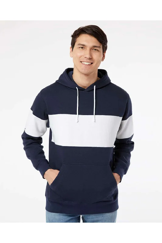 men's heavy-duty hoodies -MV Sport Mens Classic Fleece Colorblock Hooded Sweatshirt Hoodie w/ Pouch Pocket - Navy Blue/White