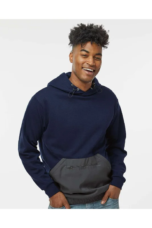 fashion sweatshirts for men -MV Sport Mens Mixed Media Hooded Sweatshirt Hoodie w/ Pocket - Navy Blue/Charcoal Grey