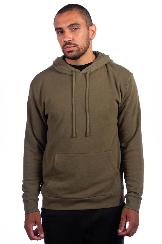 hoodies with slogans for men -Next Level Mens Sueded French Terry Hooded Sweatshirt Hoodie w/ Pouch Pocket - Military Green