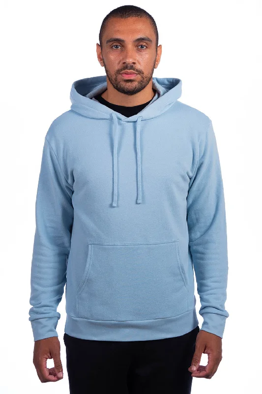 men's long sleeve hoodies -Next Level Mens Sueded French Terry Hooded Sweatshirt Hoodie w/ Pouch Pocket - Stonewashed Denim Blue