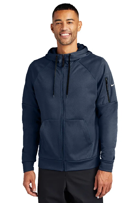 men's crewneck hoodies -Nike Mens Therma-Fit Fleece Full Zip Hooded Sweatshirt Hoodie w/ Pockets - Navy Blue - New