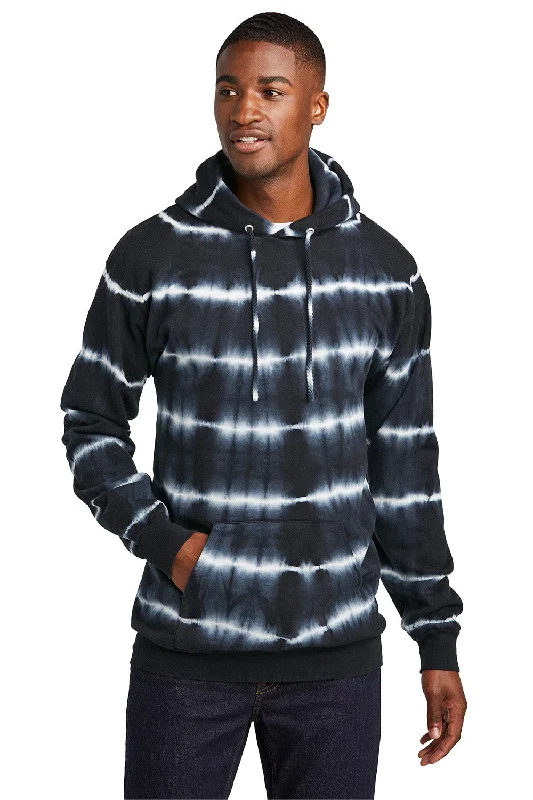 eco-friendly sweatshirts for men -Port & Company Mens Allover Stripe Tie-Dye Fleece Hooded Sweatshirt Hoodie w/ Pouch Pocket - Black/White - New