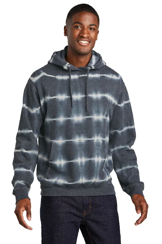 men's sweatshirts for running -Port & Company Mens Allover Stripe Tie-Dye Fleece Hooded Sweatshirt Hoodie w/ Pouch Pocket - Graphite Grey/Light Grey - New