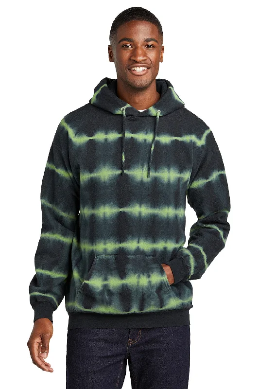 hoodies for men for working out -Port & Company Mens Allover Stripe Tie-Dye Fleece Hooded Sweatshirt Hoodie w/ Pouch Pocket - Green Tea/Black - New