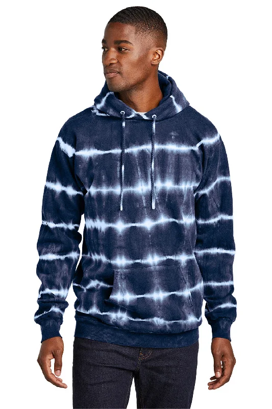 classic sweatshirts for men -Port & Company Mens Allover Stripe Tie-Dye Fleece Hooded Sweatshirt Hoodie w/ Pouch Pocket - True Navy Blue/White - New