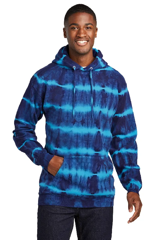 basic hoodies for men -Port & Company Mens Allover Stripe Tie-Dye Fleece Hooded Sweatshirt Hoodie w/ Pouch Pocket - Turquoise Blue/Team Navy Blue - New