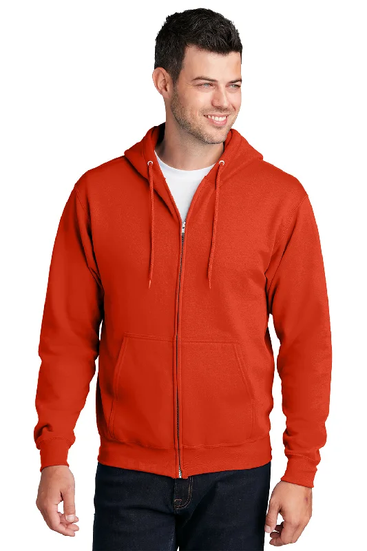 men's classic pullovers -Port & Company Mens Core Pill Resistant Fleece Full Zip Hooded Sweatshirt Hoodie w/ Pockets - Orange