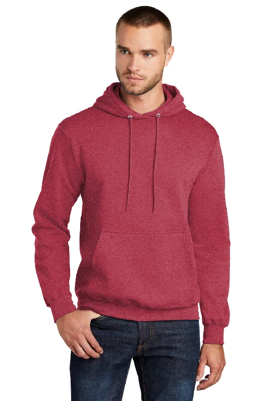 fashionable men's sweatshirts -Port & Company Mens Core Pill Resistant Fleece Hooded Sweatshirt Hoodie w/ Pouch Pocket - Heather Red