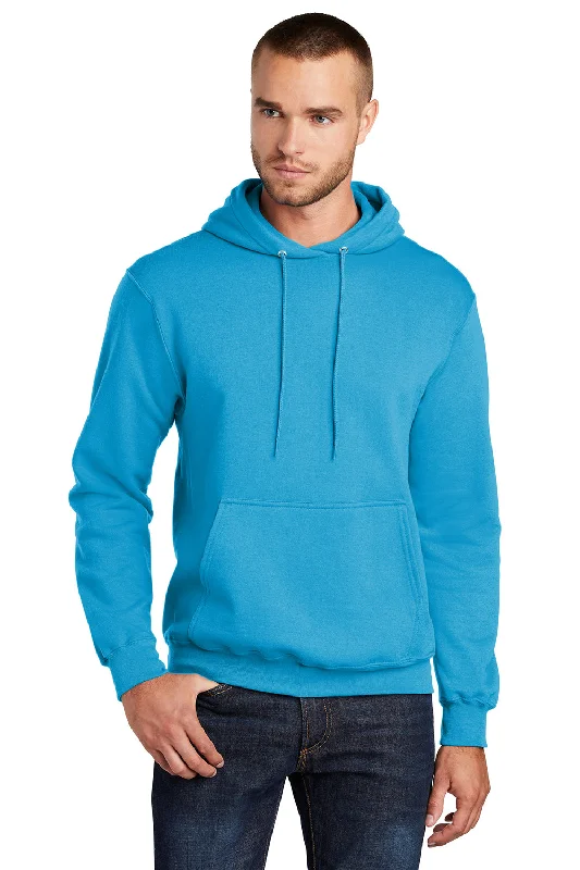 zip-up sweatshirts for men -Port & Company Mens Core Pill Resistant Fleece Hooded Sweatshirt Hoodie w/ Pouch Pocket - Neon Blue