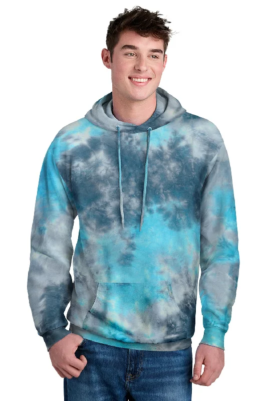 men's vintage hoodies -Port & Company Mens Crystal Tie-Dye Hooded Sweatshirt Hoodie w/ Pouch Pocket - Lagoon