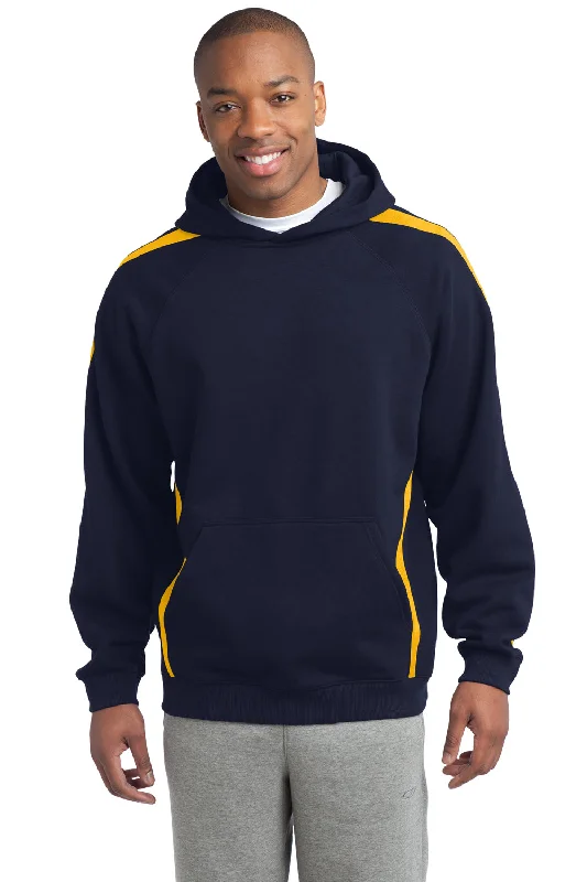 men's hoodies with pockets -Sport-Tek Mens Shrink Resistant Fleece Hooded Sweatshirt Hoodie w/ Pouch Pocket - True Navy Blue/Gold - Closeout