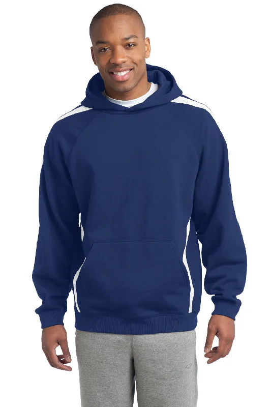 men's long sleeve sweatshirts -Sport-Tek Mens Shrink Resistant Fleece Hooded Sweatshirt Hoodie w/ Pouch Pocket - True Royal Blue/White - Closeout