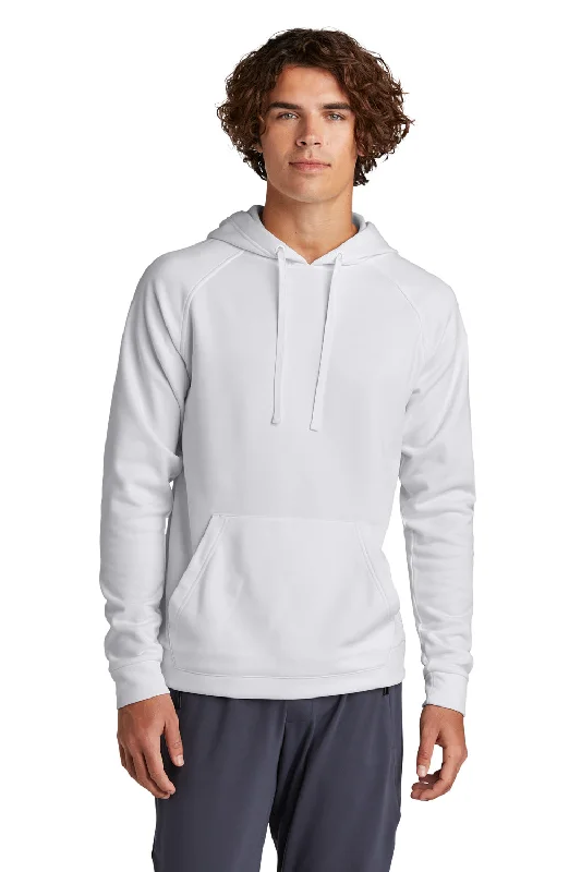 custom hoodie sweatshirts for men -Sport-Tek Mens Re-Compete Fleece Anti Static Hooded Sweatshirt Hoodie w/ Pouch Pocket - White