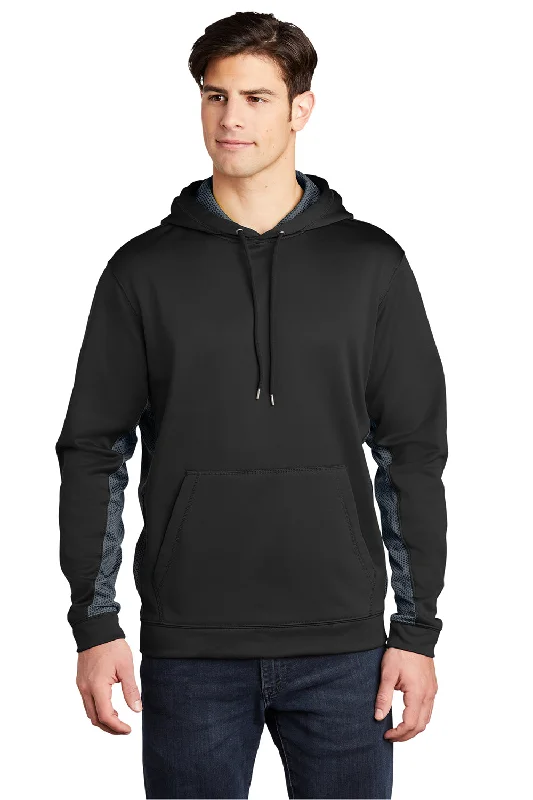 men's trendy hoodies -Sport-Tek Mens Sport-Wick CamoHex Moisture Wicking Fleece Hooded Sweatshirt Hoodie w/ Pouch Pocket - Black/Dark Smoke Grey