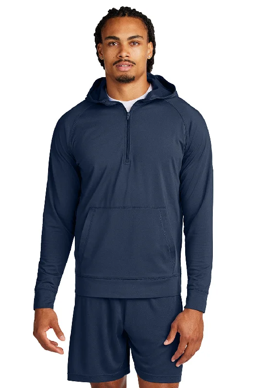 men's outdoor sweatshirts -Sport-Tek Mens Sport-Wick Moisture Wicking 1/4 Zip Hooded Sweatshirt Hoodie w/ Pouch Pocket - True Navy Blue - New