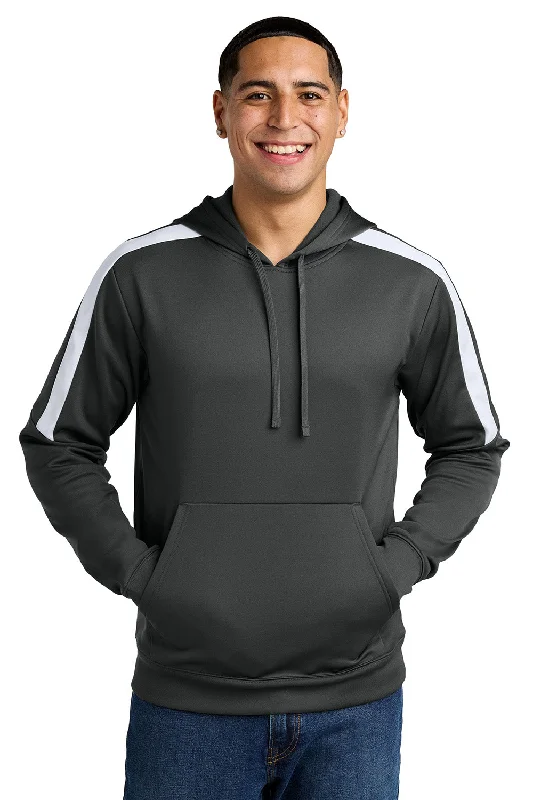 men's hoodies with pockets -Sport-Tek Mens Sport-Wick Moisture Wicking United Fleece Hooded Sweatshirt Hoodie w/ Pouch Pocket - Iron Grey/White - New