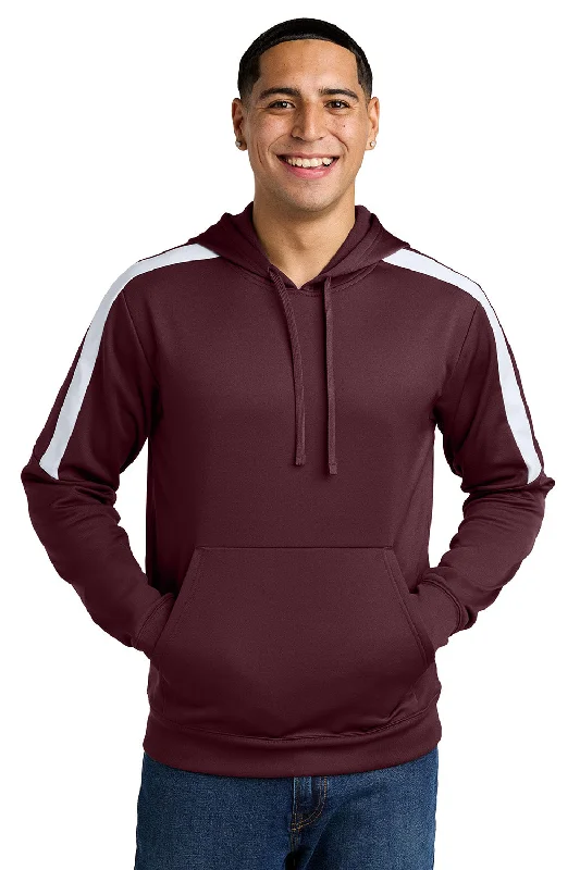 men's long sleeve sweatshirts -Sport-Tek Mens Sport-Wick Moisture Wicking United Fleece Hooded Sweatshirt Hoodie w/ Pouch Pocket - Maroon/White - New