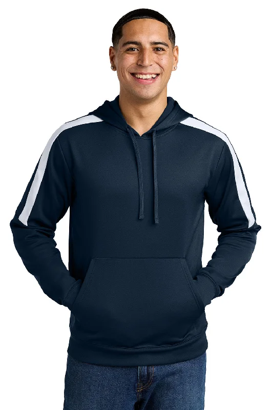 seasonal hoodies for men -Sport-Tek Mens Sport-Wick Moisture Wicking United Fleece Hooded Sweatshirt Hoodie w/ Pouch Pocket - Navy Blue/White - New