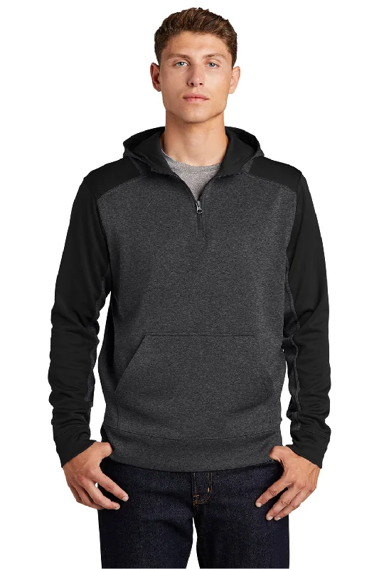 men's oversized sweatshirts for layering -Sport-Tek Mens Tech Moisture Wicking Fleece 1/4 Zip Hooded Sweatshirt Hoodie w/ Patch Pocket - Heather Graphite Grey/Black